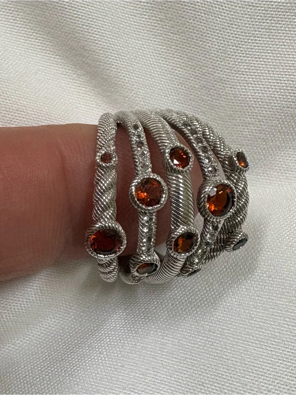 Judith Ripka Silver Multi-Band Ring with Deep Red Stones